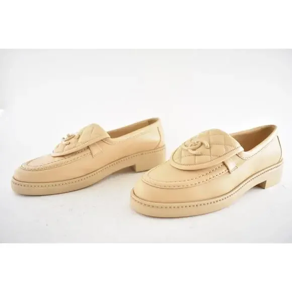 Chanel 24C Beige Leather Quilted Flap Turnlock CC Logo Moccasin Flat Loafer 38.5 - Picture 15 of 16